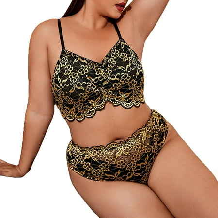 

2Pcs Ladies Women Plus Size Lace Lingerie Bralette Set Halter Bra Pajamas Black XL