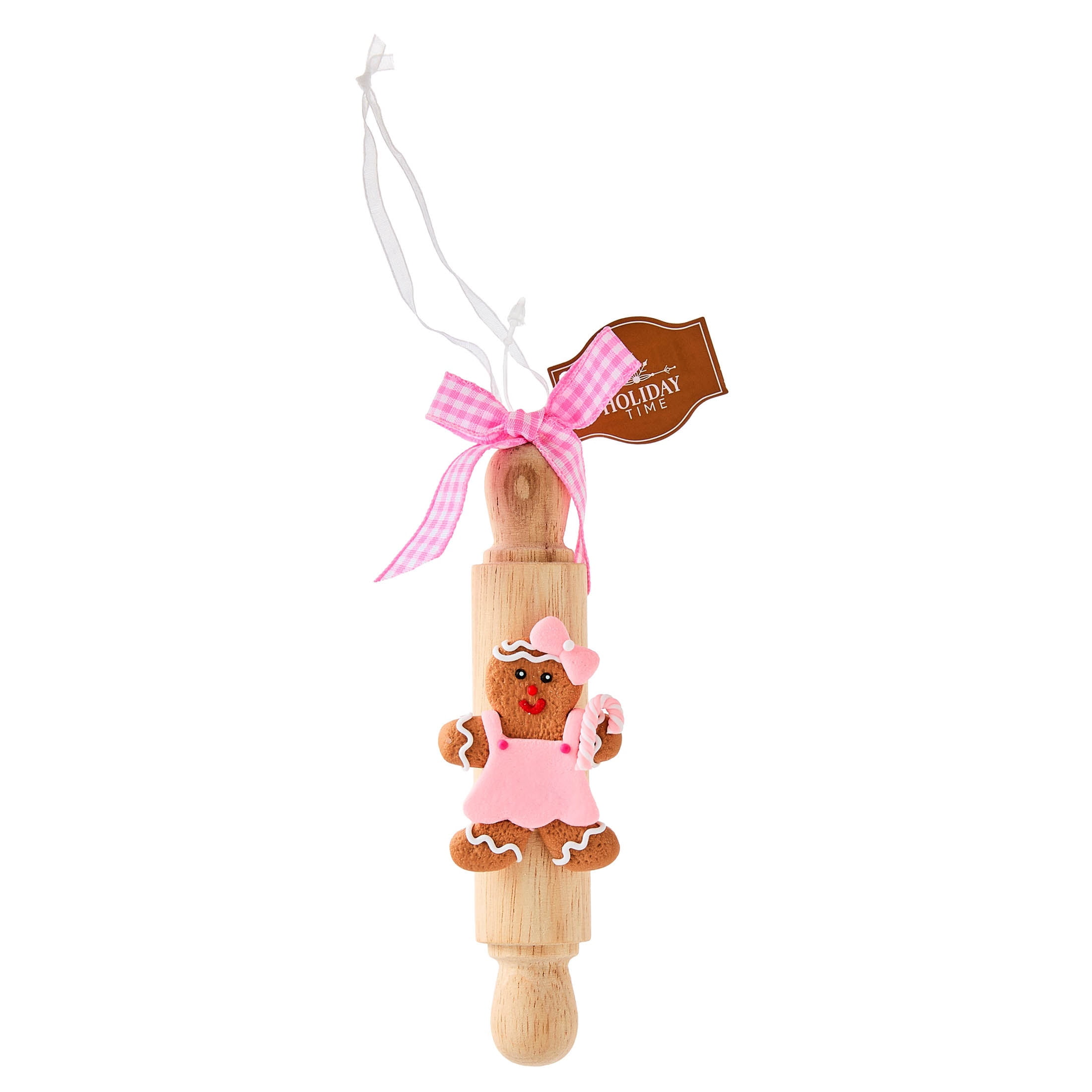Pink and White Clay Dough Gingerbread Girl Rolling Pin Christmas Ornament, 5.3", by Holiday Time