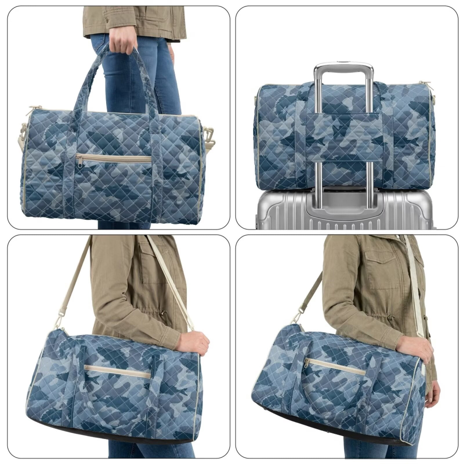 Garronmavis Large Blue Camo Quilted Duffle Bag for Women, Weekender Travel Carry On Bag with Zipper Pockets, Portable Gym Dance Overnight Tote Bag