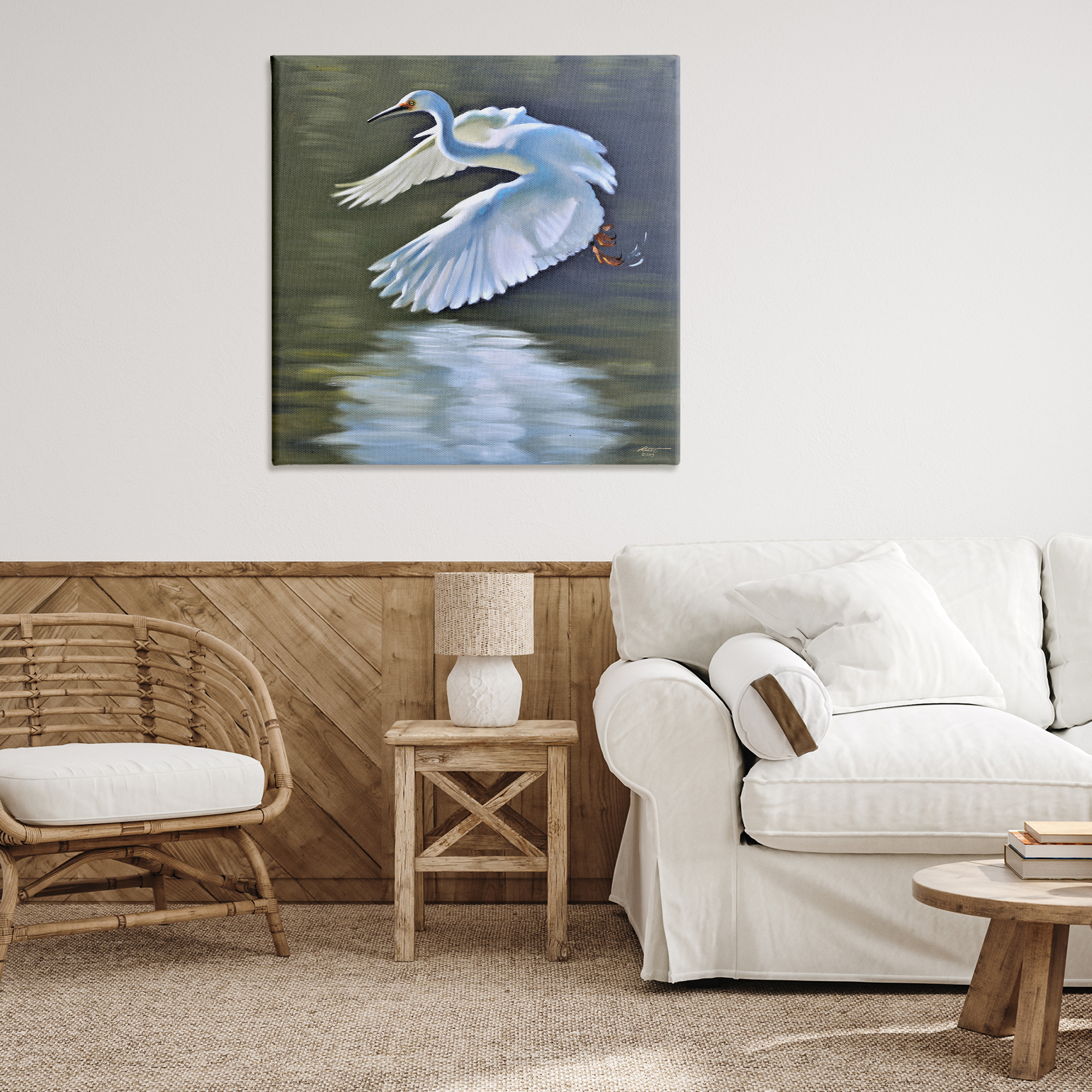 Stupell Industries Egret Flying Lake Surface Animals & Insects Painting Gallery Wrapped Canvas Art Print Wall Art, 36 x 36