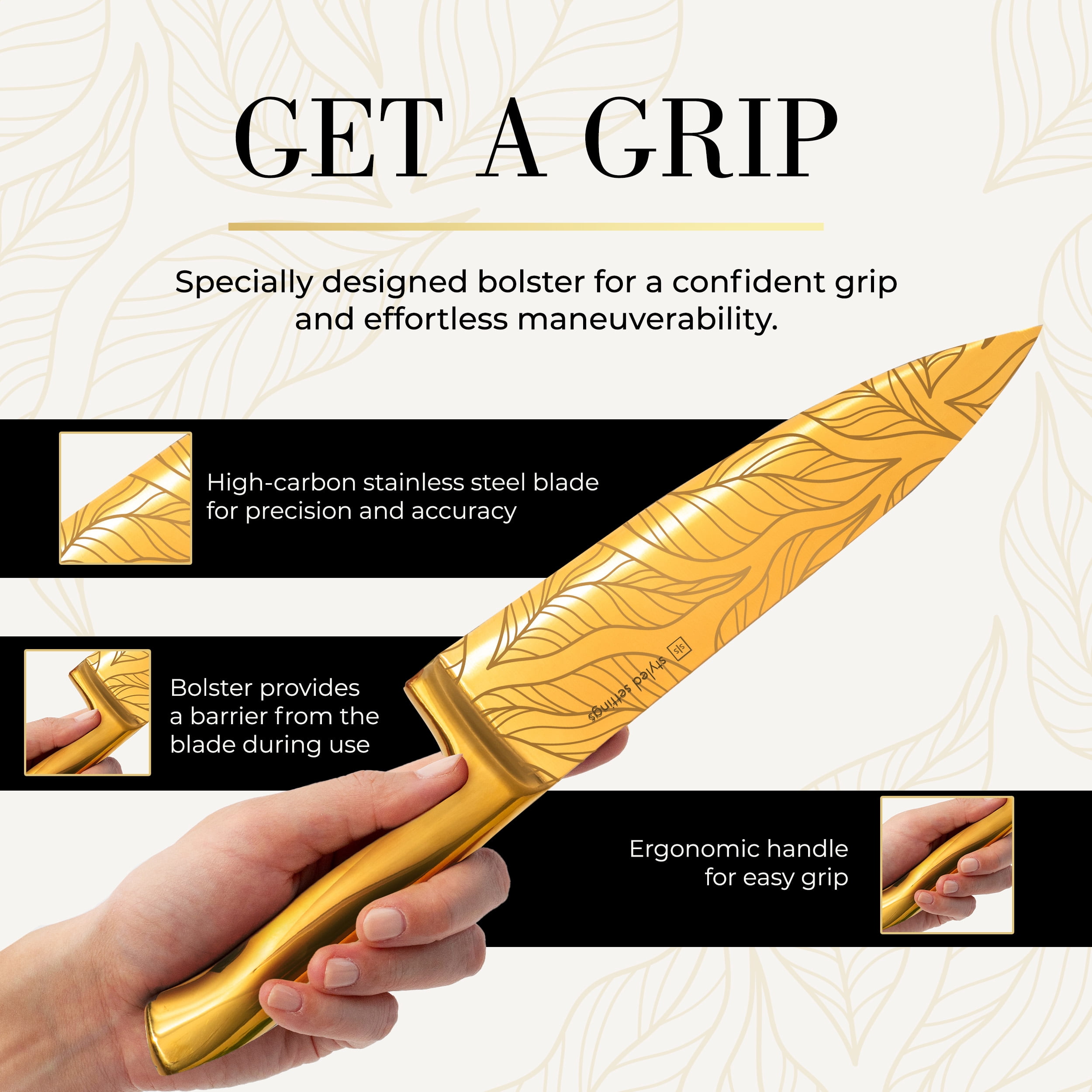 Styled Settings 14-Piece Gold Knife Set with Block and Built-In Sharpener, Titanium-Coated Blades with Leaves Pattern, Black Block