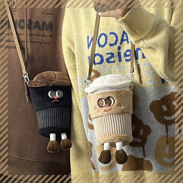Bolso bandolera tipo taza de café de peluche, de un solo hombro, portátil, pequeño, tipo cartera, tipo taza de té con leche, para chica