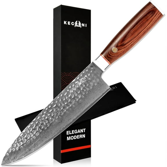 8" Damascus Chef Knife - KEGANI 67 Layers 10Cr15CoMoV Japanese Knife Hammered Texture Damascus Knife - FullTang Wood Handle Chefs Knife with Gift Box&Sheath