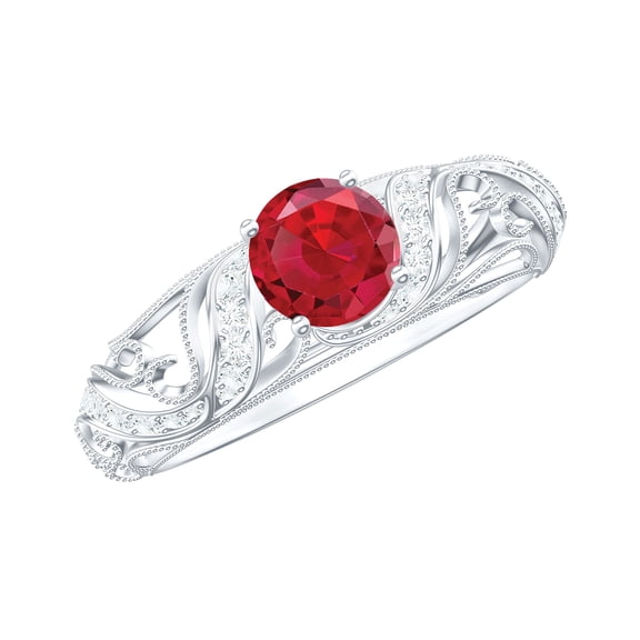 Rosec Jewels Created Ruby Vintage Inspired Ring with Diamond for Women (AAAA Grade), 925 Sterling Silver, US 4.00