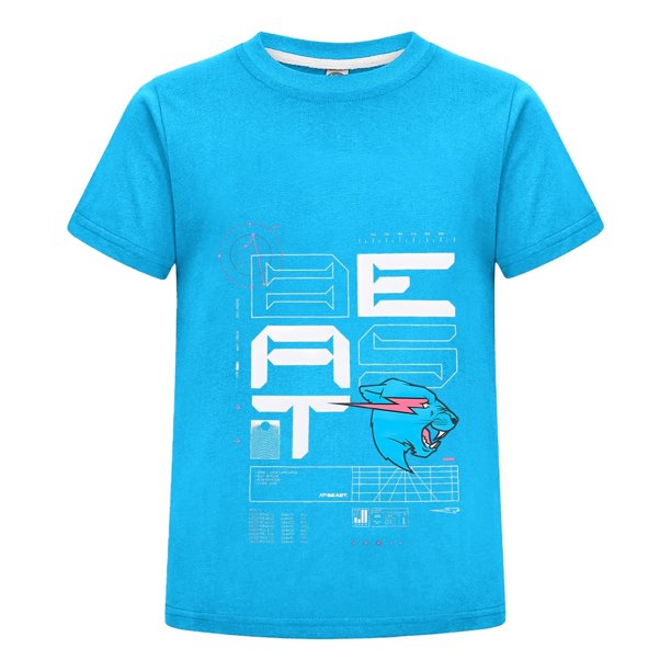 Camiseta Infantil MrBeast Estilo Juvenil Azul Niño Niña Algodón Playera Casual Moda Verano Estampado Pantera Ropa Fans Regalo