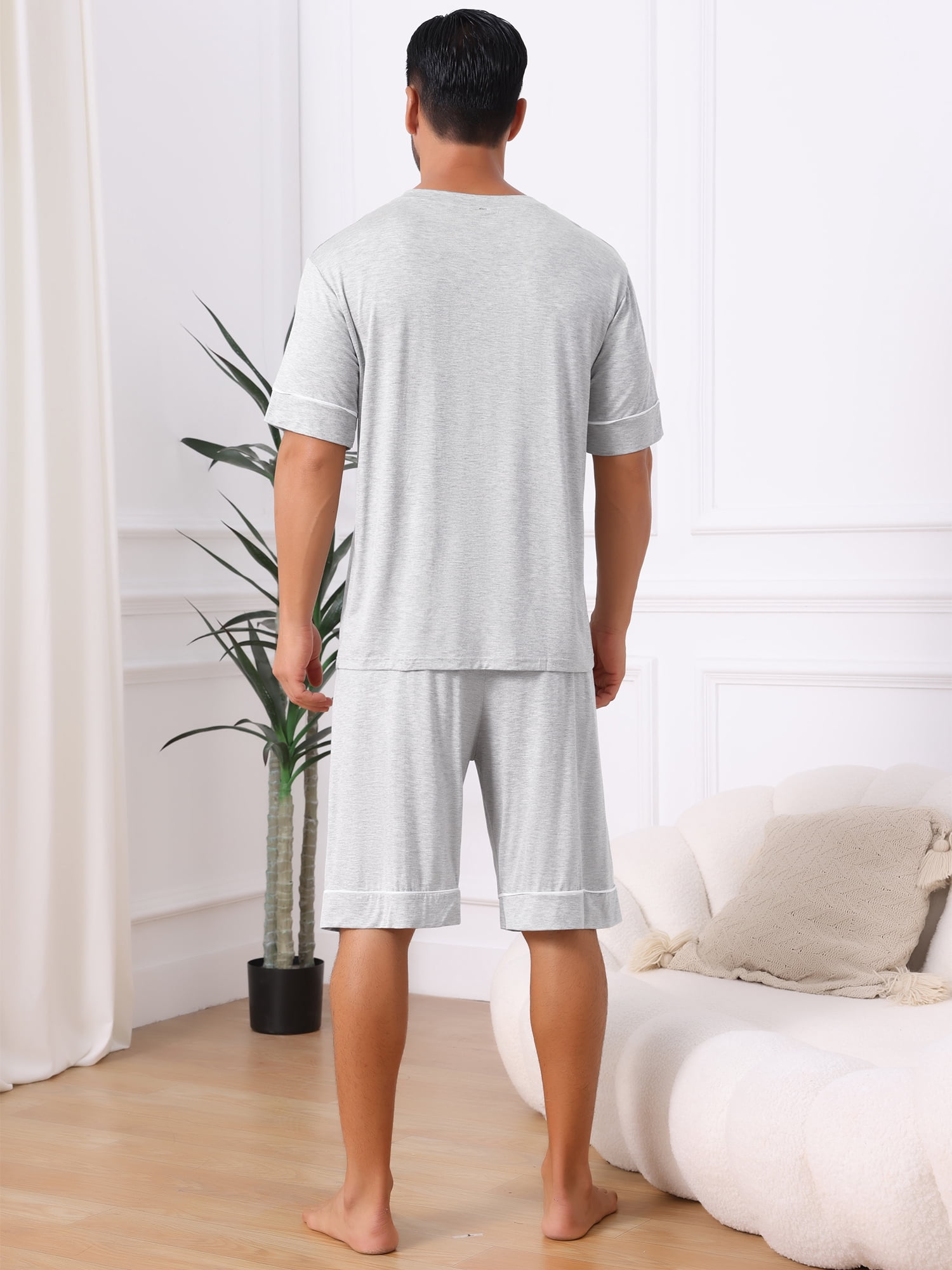 DARING DIVA Men's Soft Nightwear Summer Crew Neck Pajama Set with Pockets XL Light Gray
