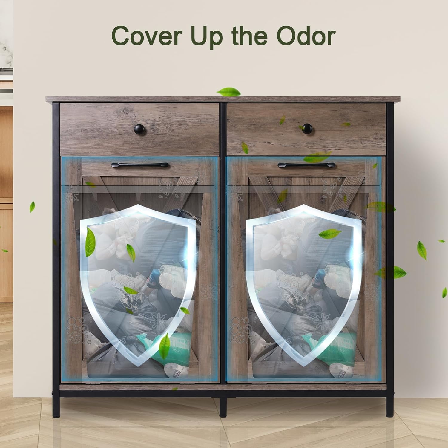 LAZY BUDDY Double Tilt Out Trash Cabinet, 20 Gallon Storage Cabinet with Hideaway Drawer, Free Standing Laundry Hamper Kitchen Trash Can Holder, Gray