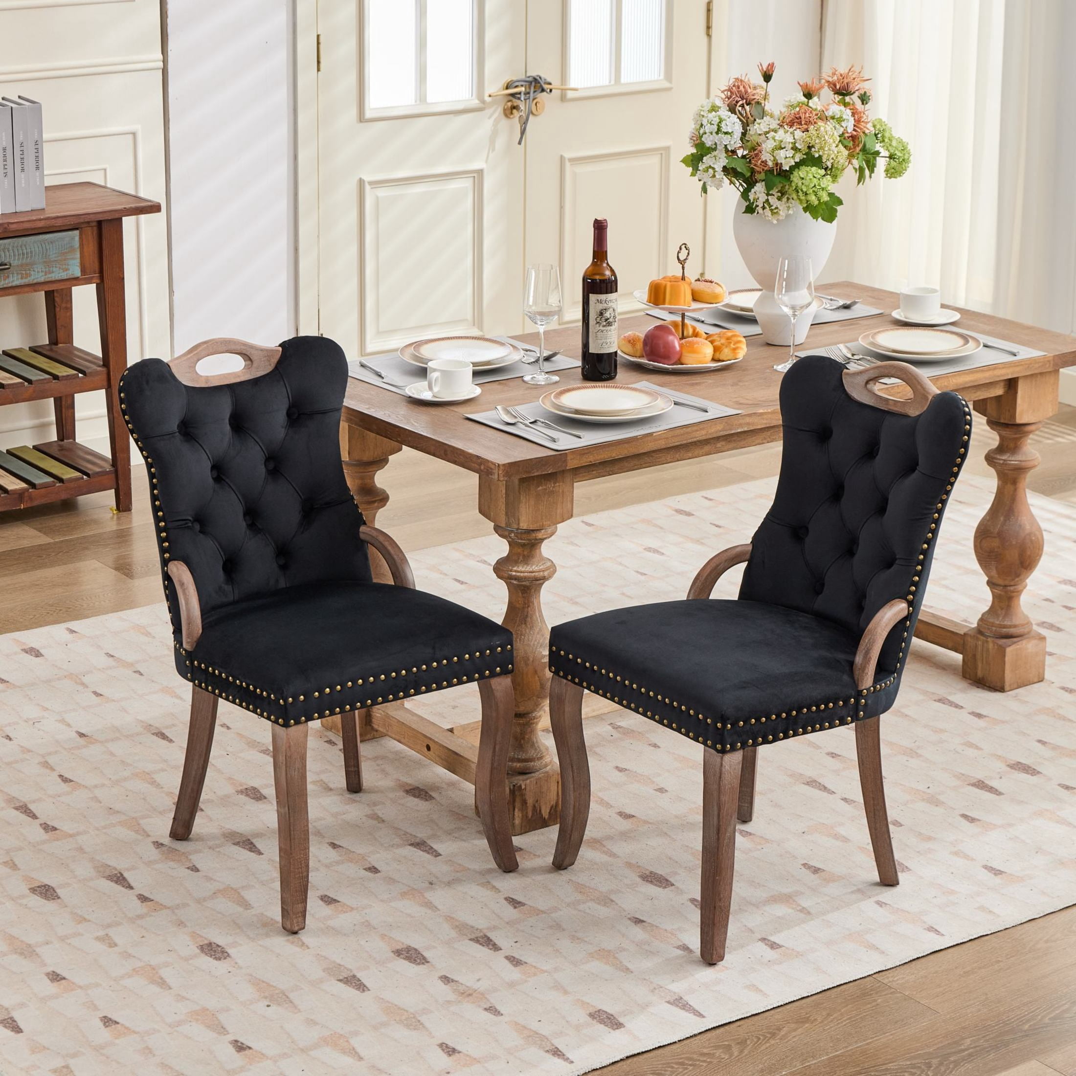 GDF Studio Set of 2 Dining Chairs with Tufted Velvet Upholstery, Copper Nailhead Trim, Black