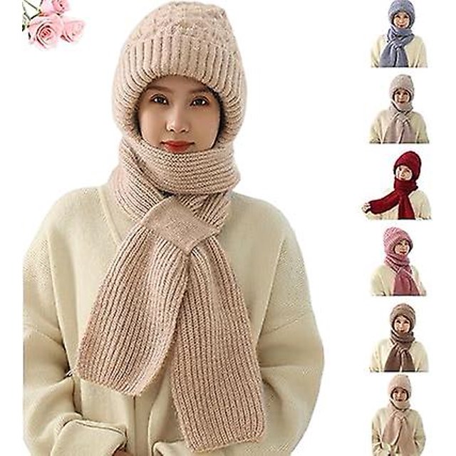 2024 New Integrated Ear Protection Windproof Cap Scarf, 2 In 1 Multifunctional Elastic Warm Ear Protection Knitted Hat C