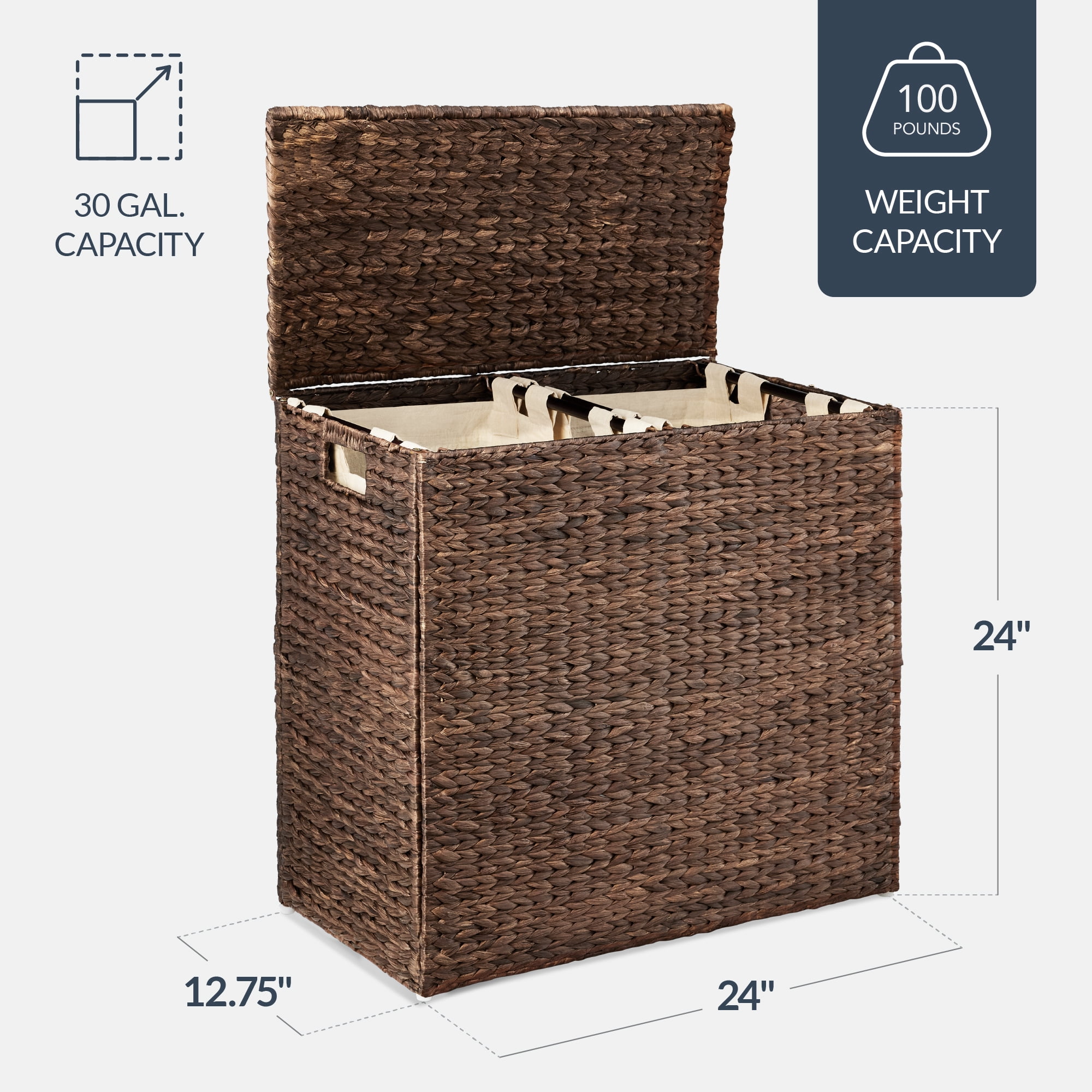 Best Choice Products Large Natural Water Hyacinth Double Laundry Hamper Basket w/ 2 Liner Bags, Handles - Espresso