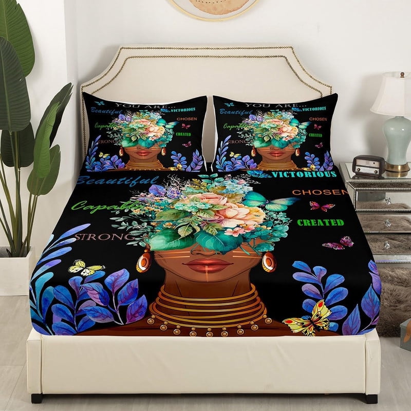 Girl African Fitted Sheet Twin Size,African Style American Inspirational Quotes Bedding Set Kids Girls Women Room Decor Watercolor Flowers Butterfly Bed Sheet Black Fashion Deep Pocket Sheet 3Pcs