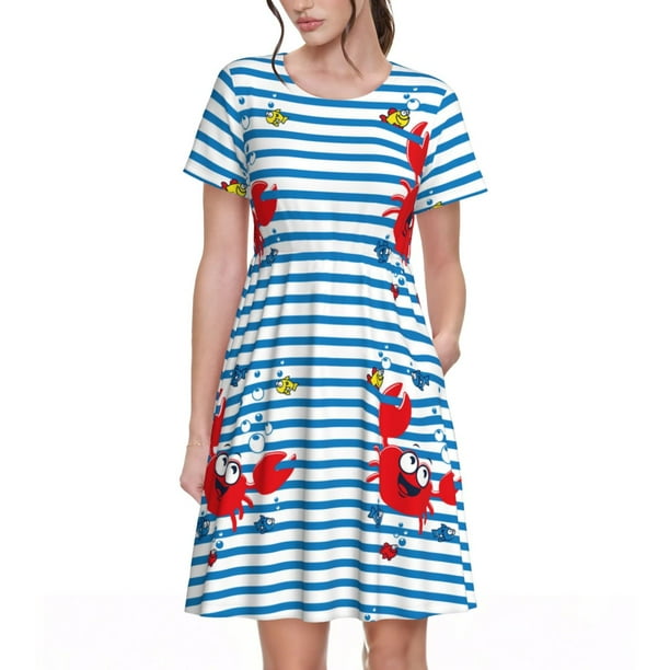 Fotbe Red Funny Crab on Blue Stripe Vestido Largo de Moda para Mujer, Vestido Tipo Camiseta con Manga Corta y Estilo Casual a Rayas y Bloques de Color