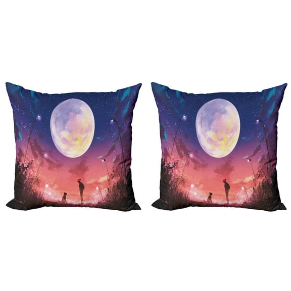 Ambesonne Fantasy Throw Pillow Cover 2 Pack, Dog Under Huge Moon, 20", Navy Coral