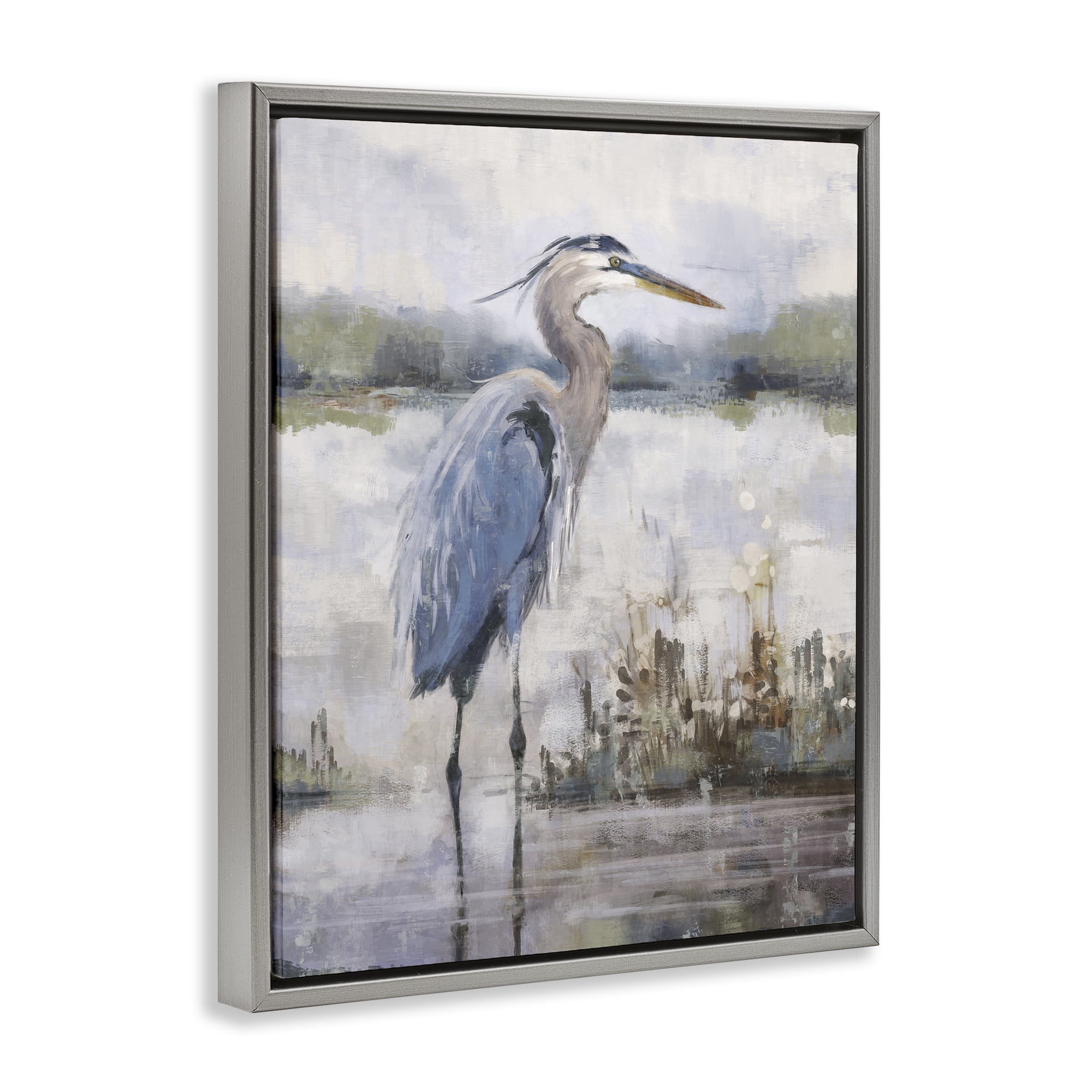 Stupell Industries Coastal Sea Heron Landscape & Nature Painting Gray Floater Framed Canvas Art Print Wall Art, 17 x 21