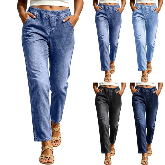 Miluxas Vintage Washed Jeans for Women Casual Loose Straight Leg Denim Cropped Pants Elastic High Waist Y2k Jeans with Pockets for Streetwear Light Blue