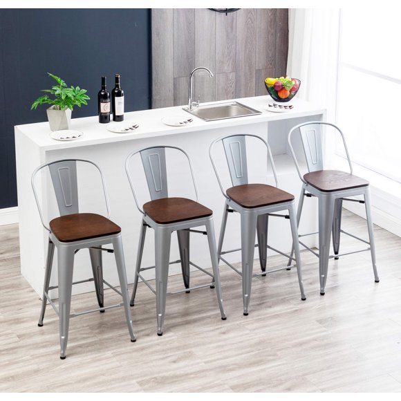 HAOBO Home 24" Swivel Metal Bar Stools High Back Counter Height Stools Industrial Barstools Dinning Chairs Set of 4 (Silver with Wooden Seat)