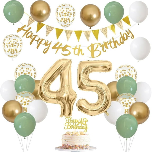 Sage Green White Gold 45th Birthday Balloons with Happy 45th Banners Cake Decorations Number 45 Balloon 45 Year Old Hanging Streamer Bunting Birthday Happy 45th Anniversary Forty Five Party Supplies