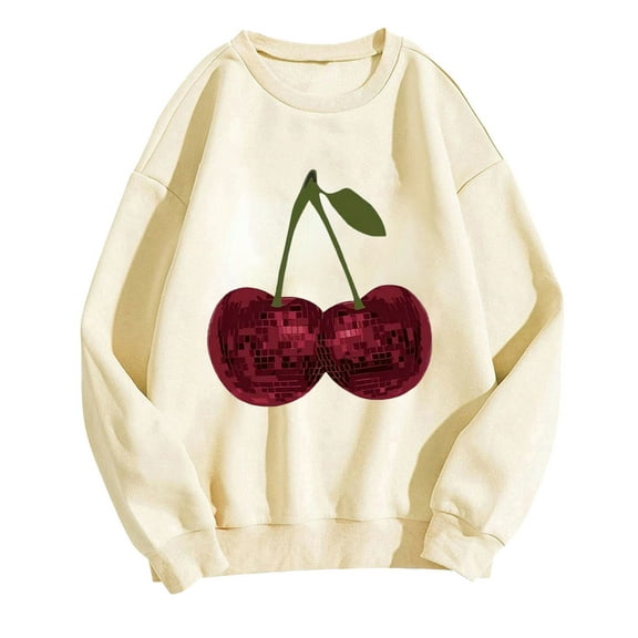 Womens Cute Cherry Graphic Tops Oversized Crewneck Sweatshirt Long Sleeve Raglan Shirt Pullover Top