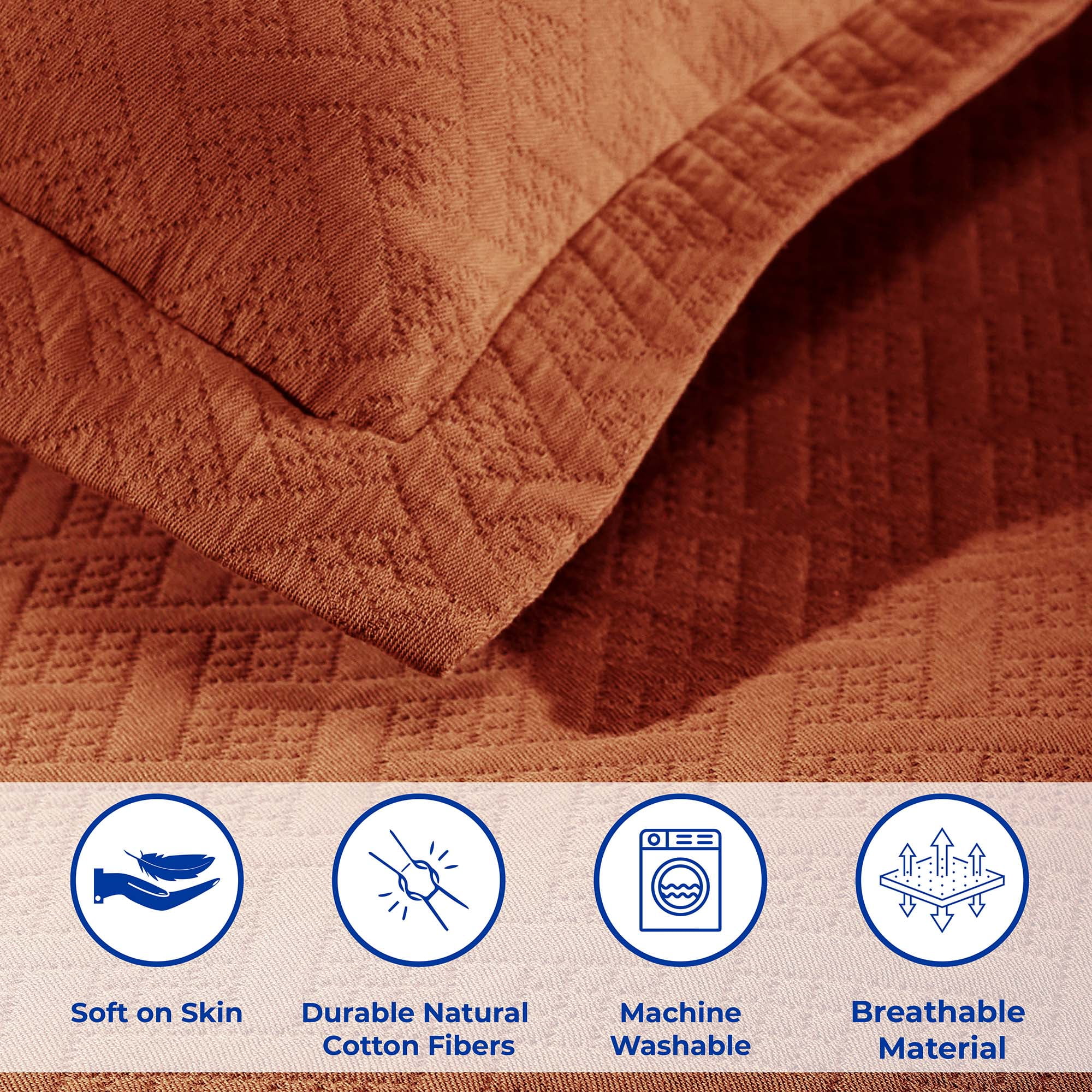 Superior Basket Weave 3 Piece Decorative Cotton Bedspread, Lightweight Bedding Set, Full Size, Mandarin