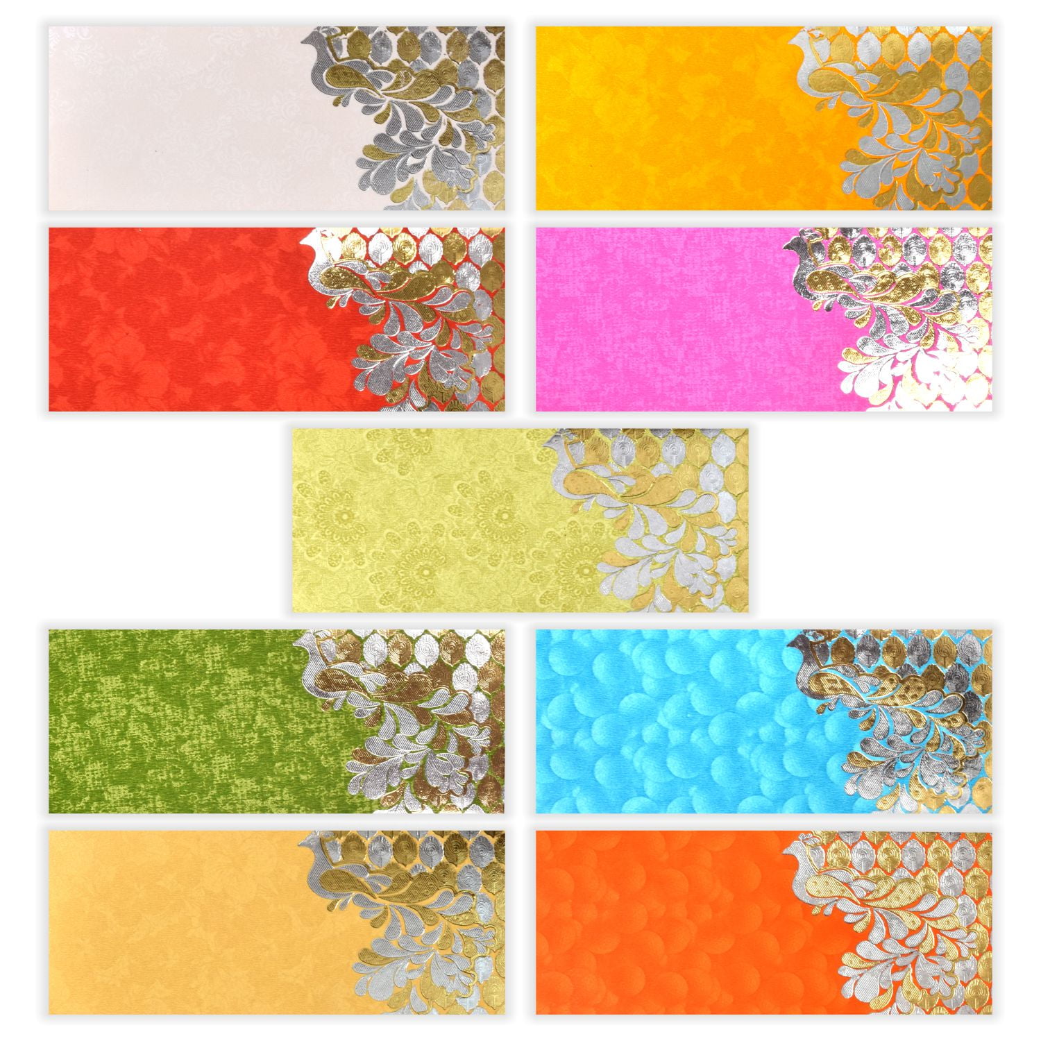 PARTH IMPEX Shagun Gift Envelope for Cash (Pack of 50) 7.5" x 3.5" Peacock Feather Gold Silver Foil Stamping Assorted Color Money Holder Card for Christmas Diwali Birthday Wedding Graduation