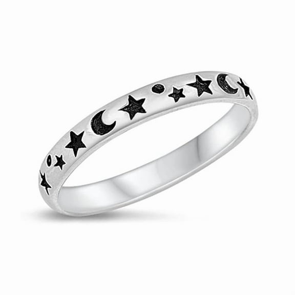 Moon Star Print Engraved Simplistic Plain Band Fashion Ring 925 Sterling Silver Toe Band thumb Women Love Rings