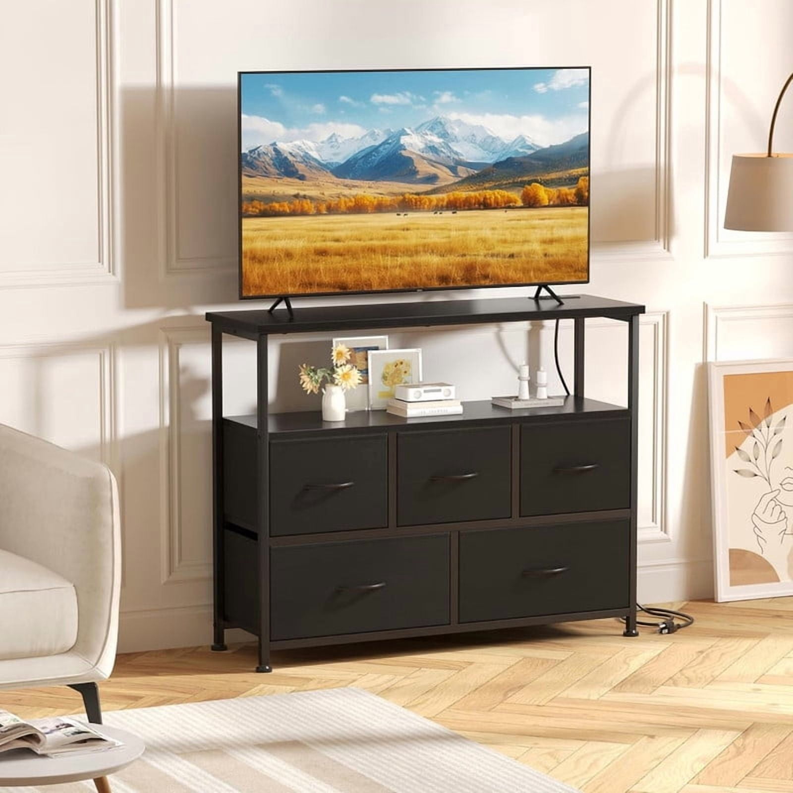 Kelno TV Stand with 5 Fabric Drawer Dresser Chest Storage Organizer, Black