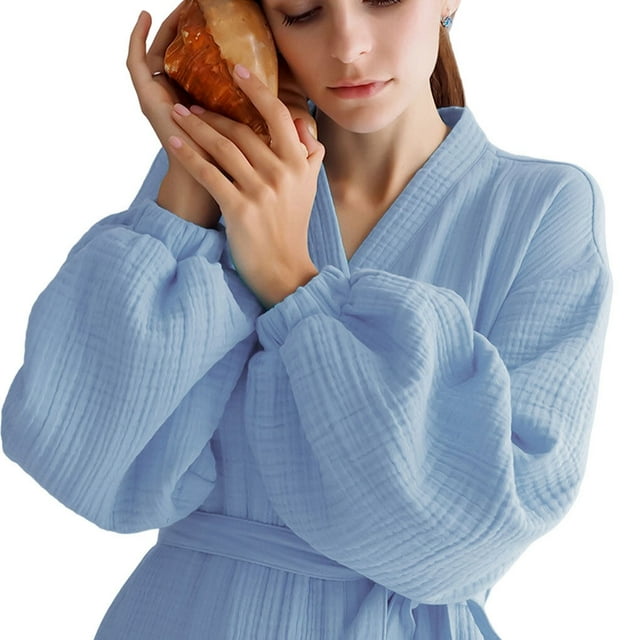 ziyahi Femmes Printemps Ouverture devant Style Décontracté Vêtements de Nuit Filles Simple Manches Longues Robe de Nuit Maison Tenue de Nuit Pyjama Vêtements Bleu P