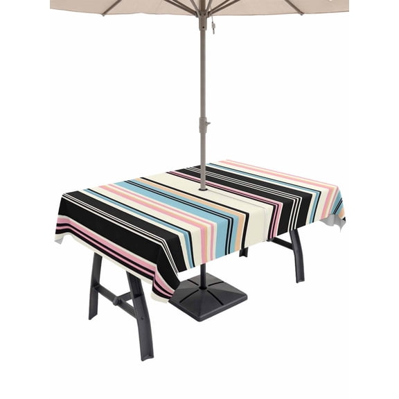 Outdoor Tablecloth with Umbrella Hole and Zipper, Black Pink Blue Striped Rectangle Table Cloth 60x120 Inch Waterproof Tablecloth, Modern Stripes Art Farmhouse Picnic Table Cover for Patio Camping