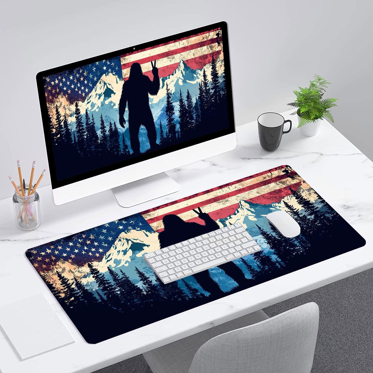 American Flag Bigfoot Desk Mat Forest Mountain Extended Gaming Mouse Pad Mat with Stitched Edge Non-Slip Base Big Mouse Pad Office Computer Keyboard Laptop Home 35.4"x15.7"