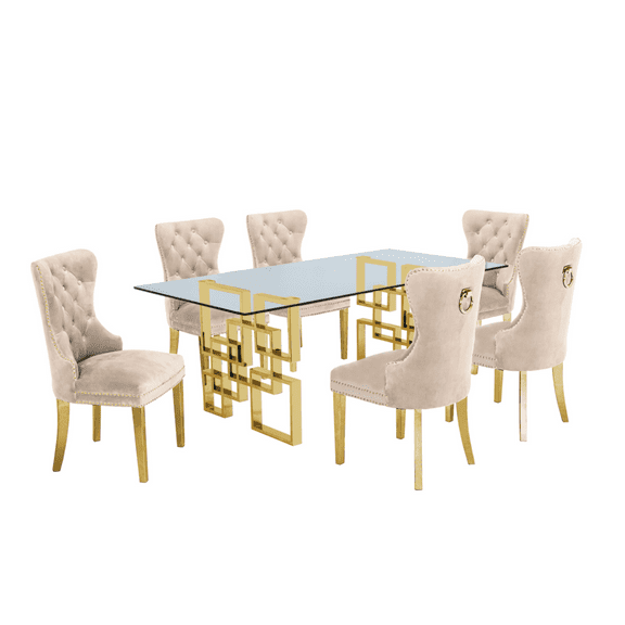 Rectangular Clear Glass 7pc Dining Set with Gold Stainless Steel Base