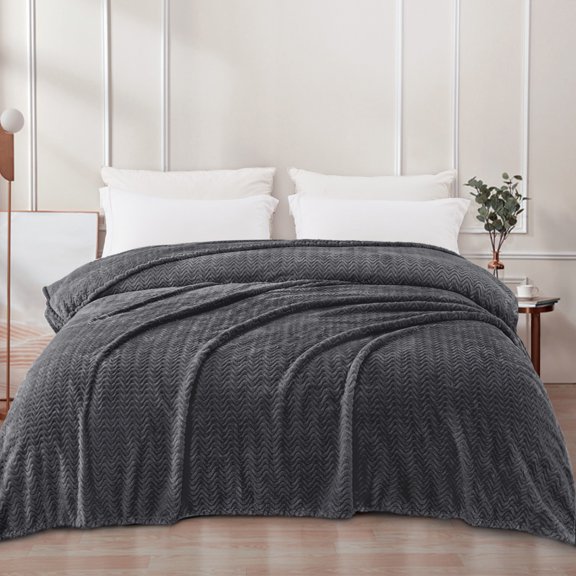 Exclusivo Mezcla Twin Size Jacquard Weave Wave Pattern Flannel Fleece Velvet Plush Bed Blanket as Bedspread/Coverlet/Bed Cover (90" x 66", Dark Grey)