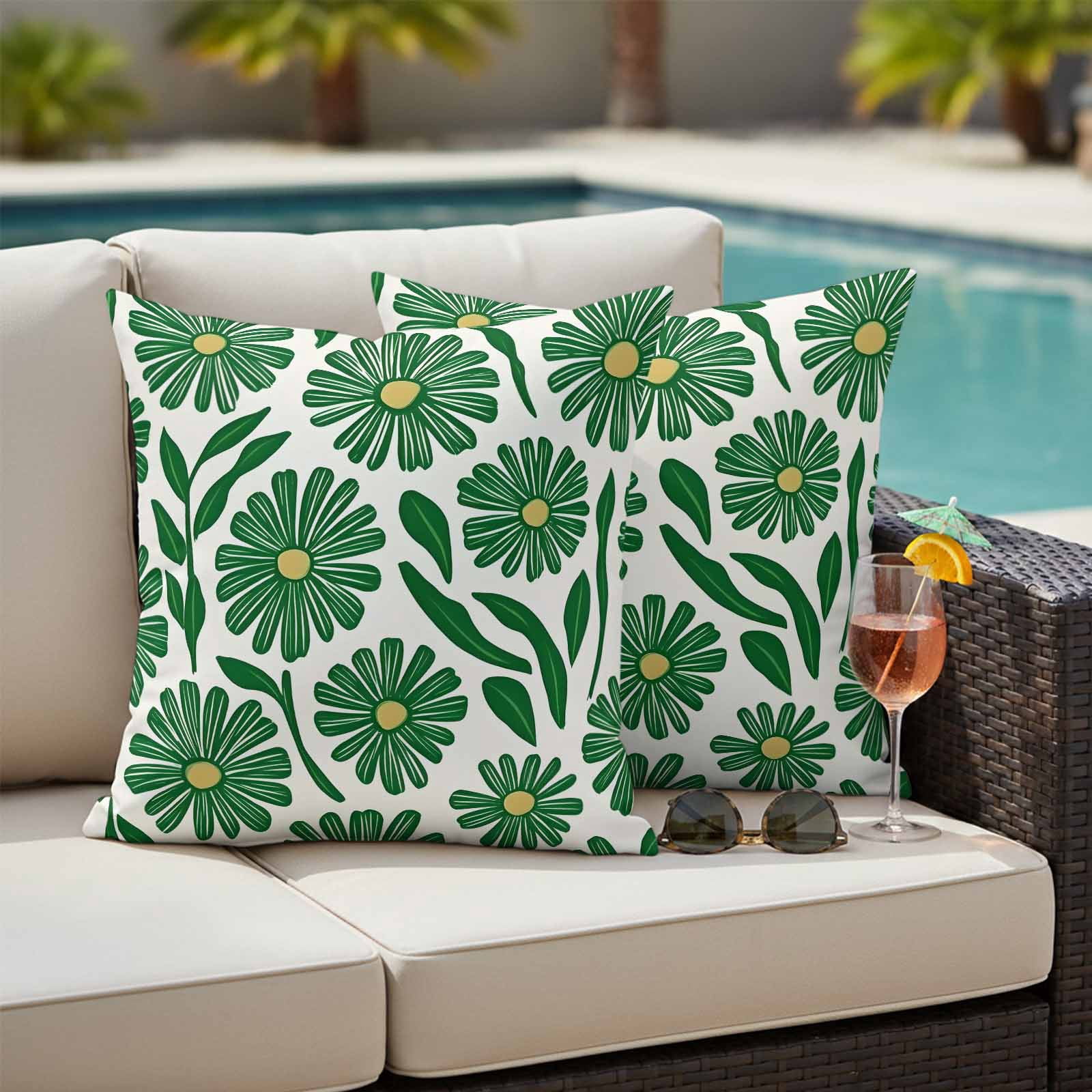 Spring Floral Pillow Covers 2 Pack Watercolo RVintage Green Flower Grenn Leaf Plan Pillowcase Waterproof Outdoor Throw Pillow Cover for Patio Garden Square Cushion 20”x20”