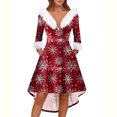 thumbnail image 6 of Christmas Dresses for Women Women's Fashion V-neck Casual Fit Christmas Print Party Long Sleeve Dress with Fur for Festive Occasion,Wine,2XL, 6 of 6