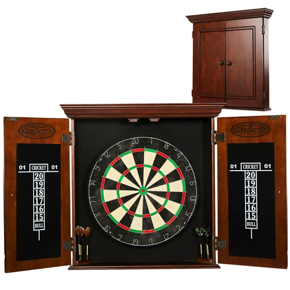 Chatham Wood Dartboard Cabinet with 18” Bristle Dartboard and Steel Tip Dart Set by Barrington Billiards