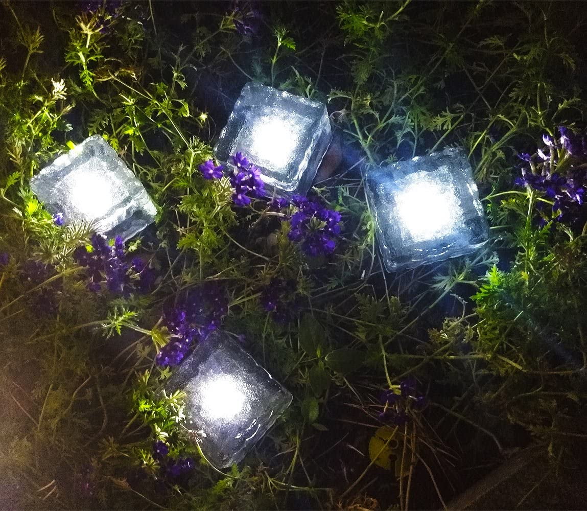 RNKR 4 Pack Solar Glass Brick Lights, LED Ice Cube Rock Lamps for Outdoor Pathway, Patio, Driveway, Garden, Waterproof Landscape Lighting, Cold White