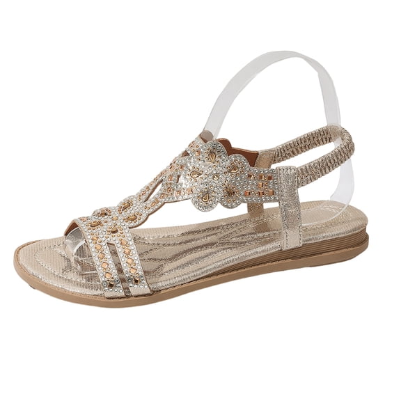 ShiShine Womens Flat Sandals Rhinestone Detail T Strap Ankle Strap Comfort Dressy Casual Summer Sandals