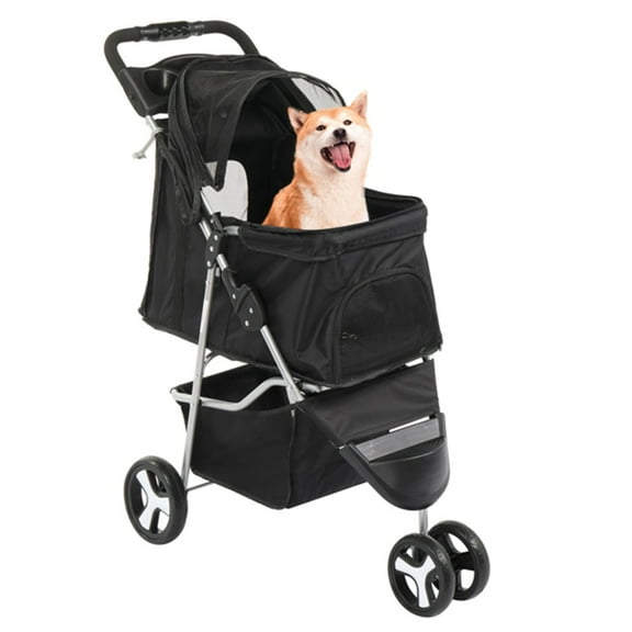 3 Wheels Pet Stroller, Dog Cat Cage Jogger Stroller for Medium Small Dogs Cats, Travel Folding Carrier Waterproof Puppy Stroller with Cup Holder & Removable Liner, Black