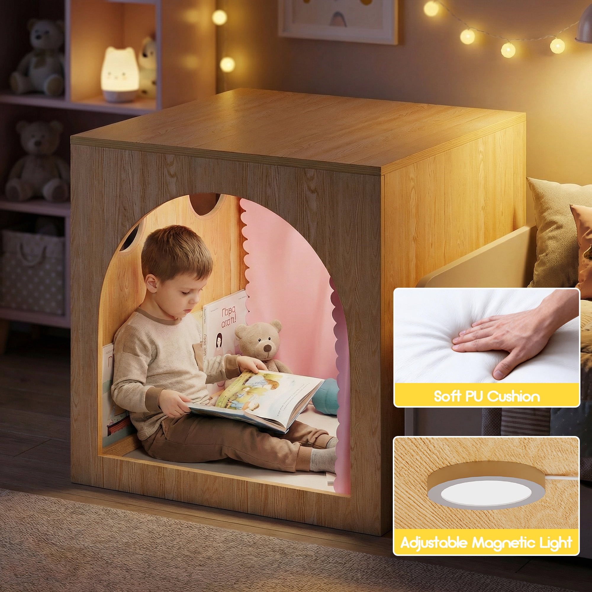 Advwin 30" Cozy Reading Cube with Curtains, Cushion Mat & Light, Wood Reading Nook Quiet Corner Playhouse with Whiteboard, Bookshelf & Acrylic Window Panel for Home School Classroom Daycare, Pink