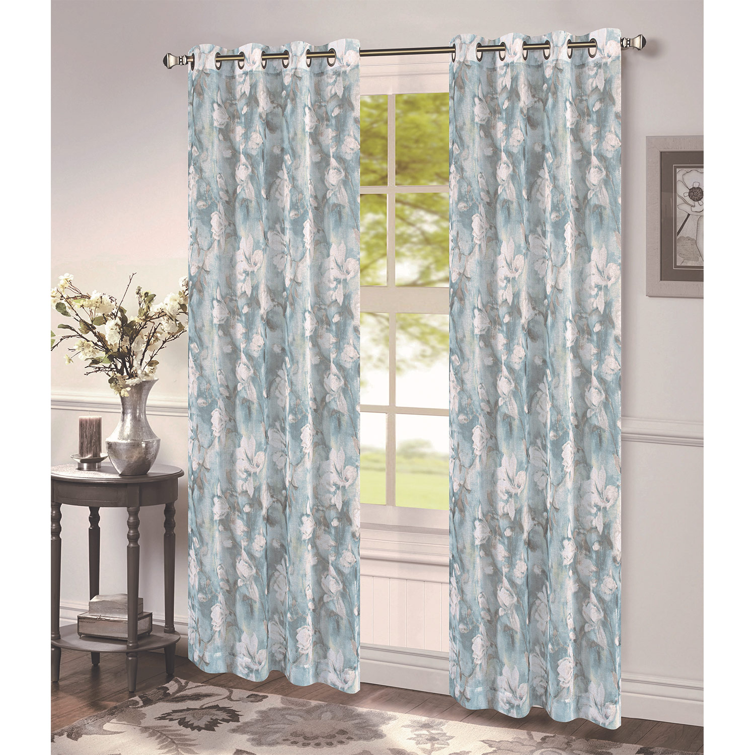 Window Panel Print Maisie Floral Printed Sheer Grommet Window Panel, Blue, 54x84 Inches ...
