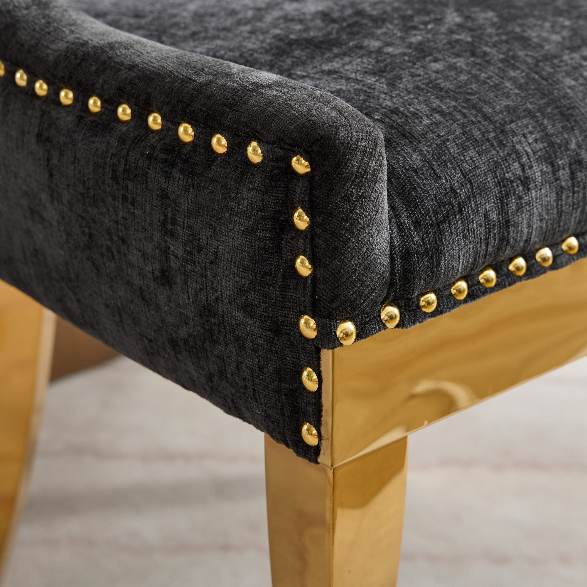 BSHTI Chenille Dining Chairs Set of 2, Black Fabric Upholstered Chairs with Curved Gold-Plated Legs & Rivet Trim – Stylish Dining or Lounge Accent Chairs, One-Piece Sturdy Frame