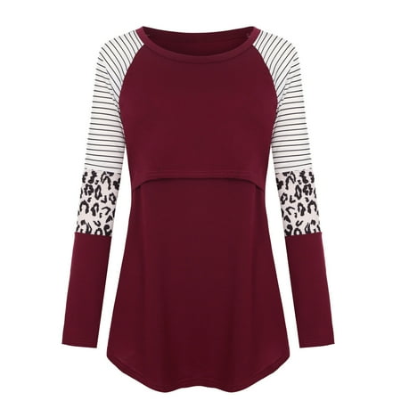 

Women Maternity T-Shirts Long Sleeve Nursing Patchwork Color Tops Breastfeeding Tshirts Tee Top Female Dailywear