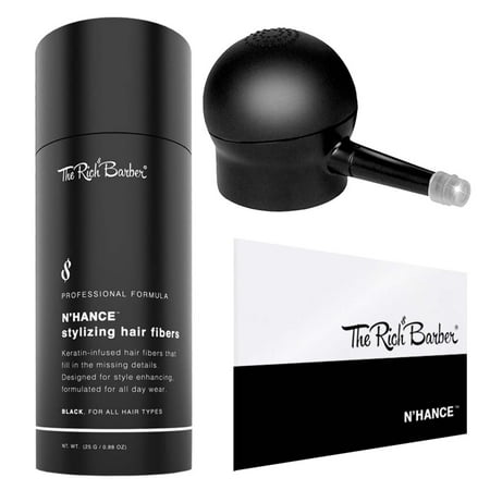 The Rich Barber N’Hance Hair Fibers & Applicator Pump Set | Natural Concealing Hair Thickening Fibers | Long-Lasting Spray with Accessory For Crisp Hairlines, A Thicker Beard & Styling (Black)