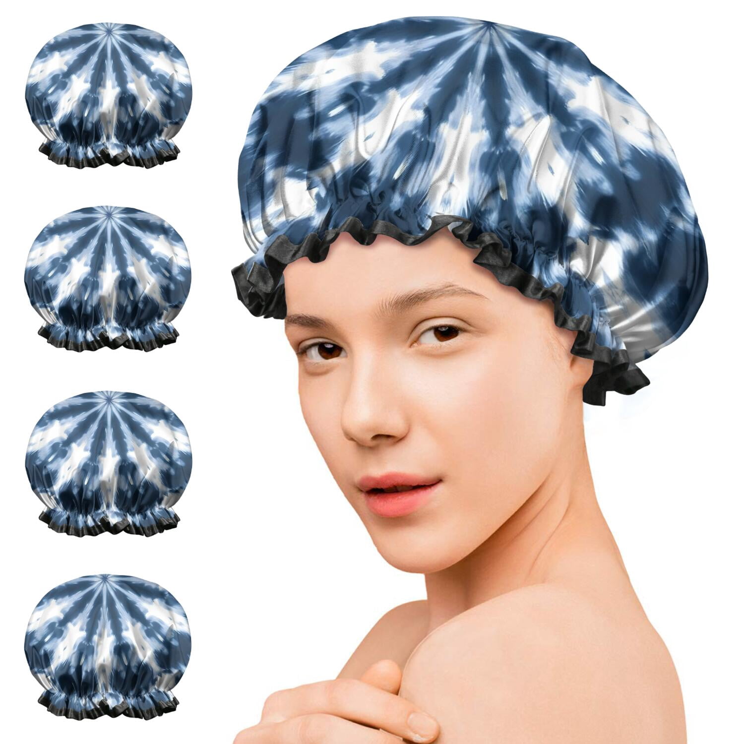 Shower Caps,Blue Tie Dye Starburst Pattern Waterproof Shower Cap for Women 4 Pieces,Double Reusable Hair Cover for Shower PEVA Elastic Stretch Hem