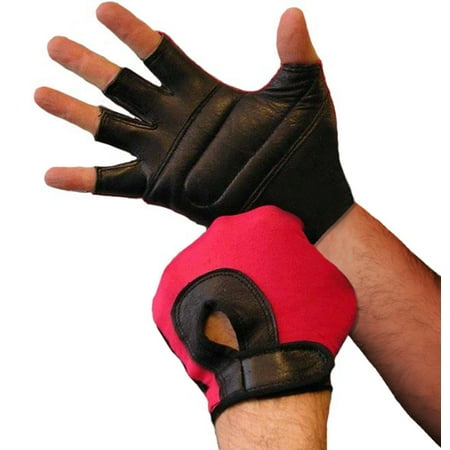 Medium Red Leather - Weightlifting Gloves Padded Real Leather Back Lycra Red Medium