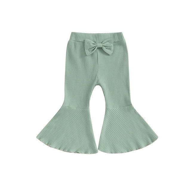 Kmbangi Kids Girl Flare Pants Solid Color Ribbed Elastic Bell Bottoms Trousers Bow Ruffle Pants for Toddler Baby