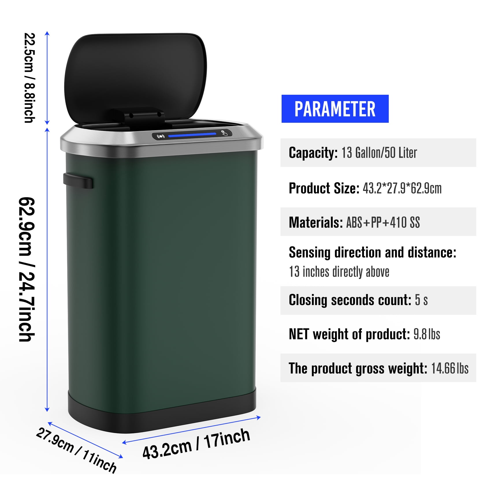 Miniyam 50L/13Gal Automatic Trash Can, Stainless Steel Fingerprint-Resistant Soft Close Lid Garbage Can, Green
