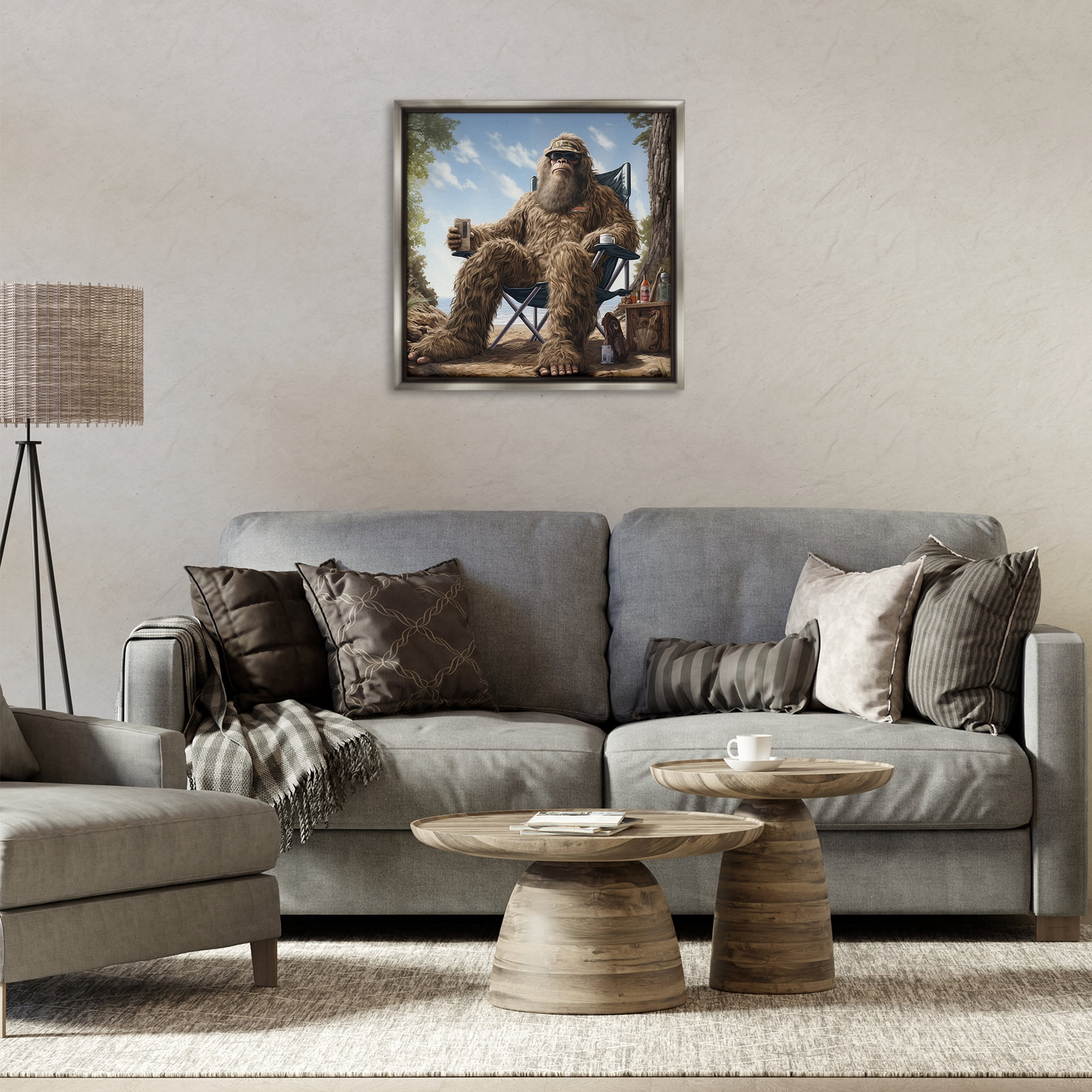 Stupell Industries Mythical Monster on Beach Fairy Tales & Fantasy Painting Gray Floater Framed Canvas Art Print Wall Art, 25 x 25