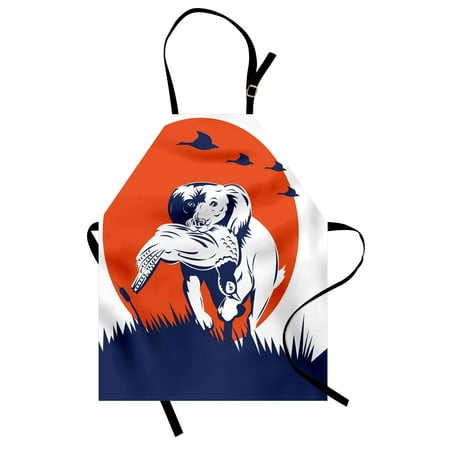 Hunting Apron Cocker Spaniel Breed Dog Retrieving the Pheasant Flying Ducks at Sunset, Unisex Kitchen Bib Apron with Adjustable Neck for Cooking Baking Gardening, Dark Blue Orange White, by