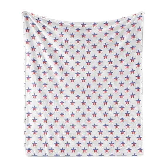 Fourth of July Soft Flannel Fleece Blanket, Repeating Pattern of Striped Star Shapes Representing the US Flag, Cozy Plush for Indoor and Outdoor Use, 50" x 60", Vermilion Blue White, by Ambesonne