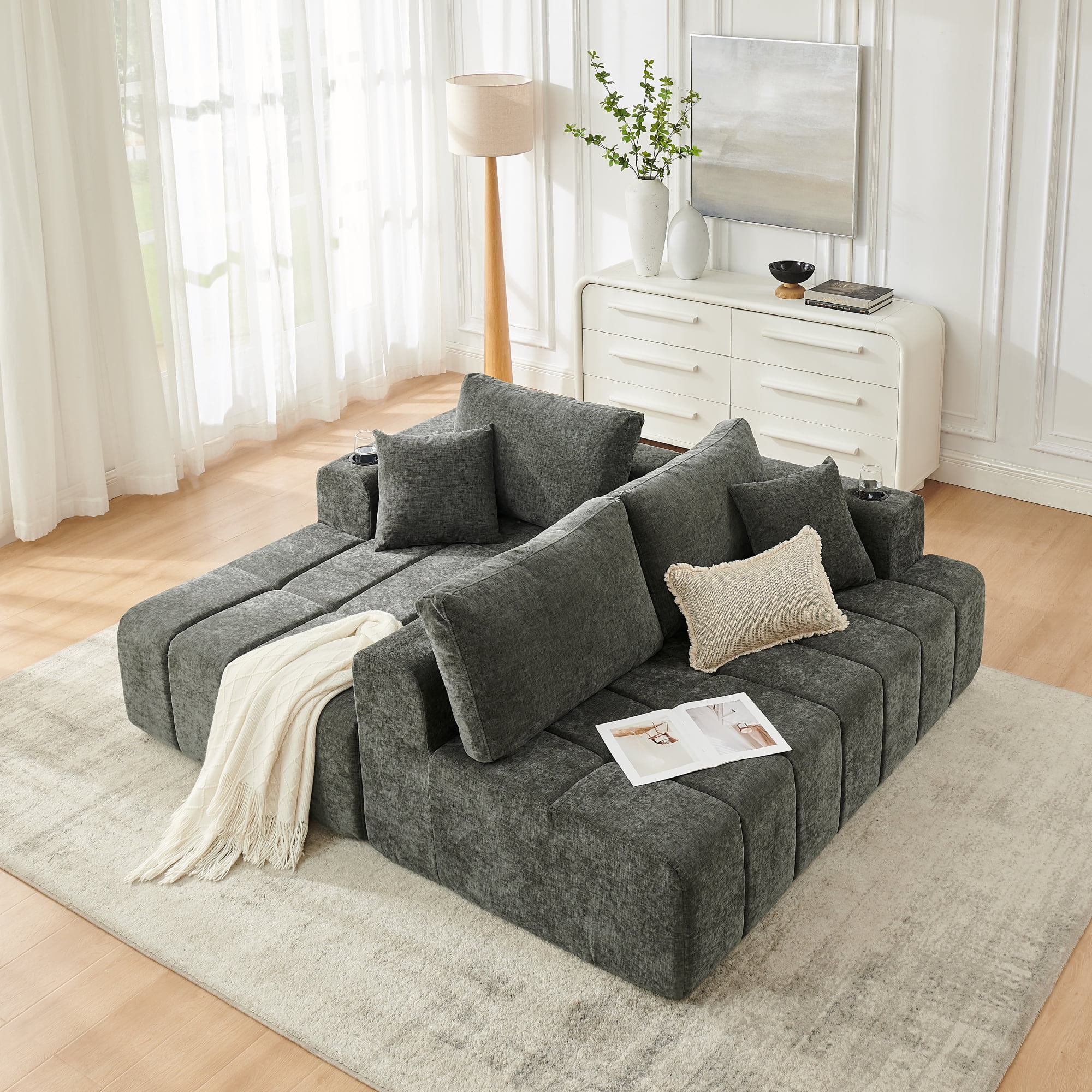 Leumius 108" L-Shaped Sectional Sofa,Chenille Boneless Couch, Modern 3-Seat Upholstered Cloud Couch Sectional with Deep Seat and Cup Holders for Living Room,No Assembly Required,Dark Gray